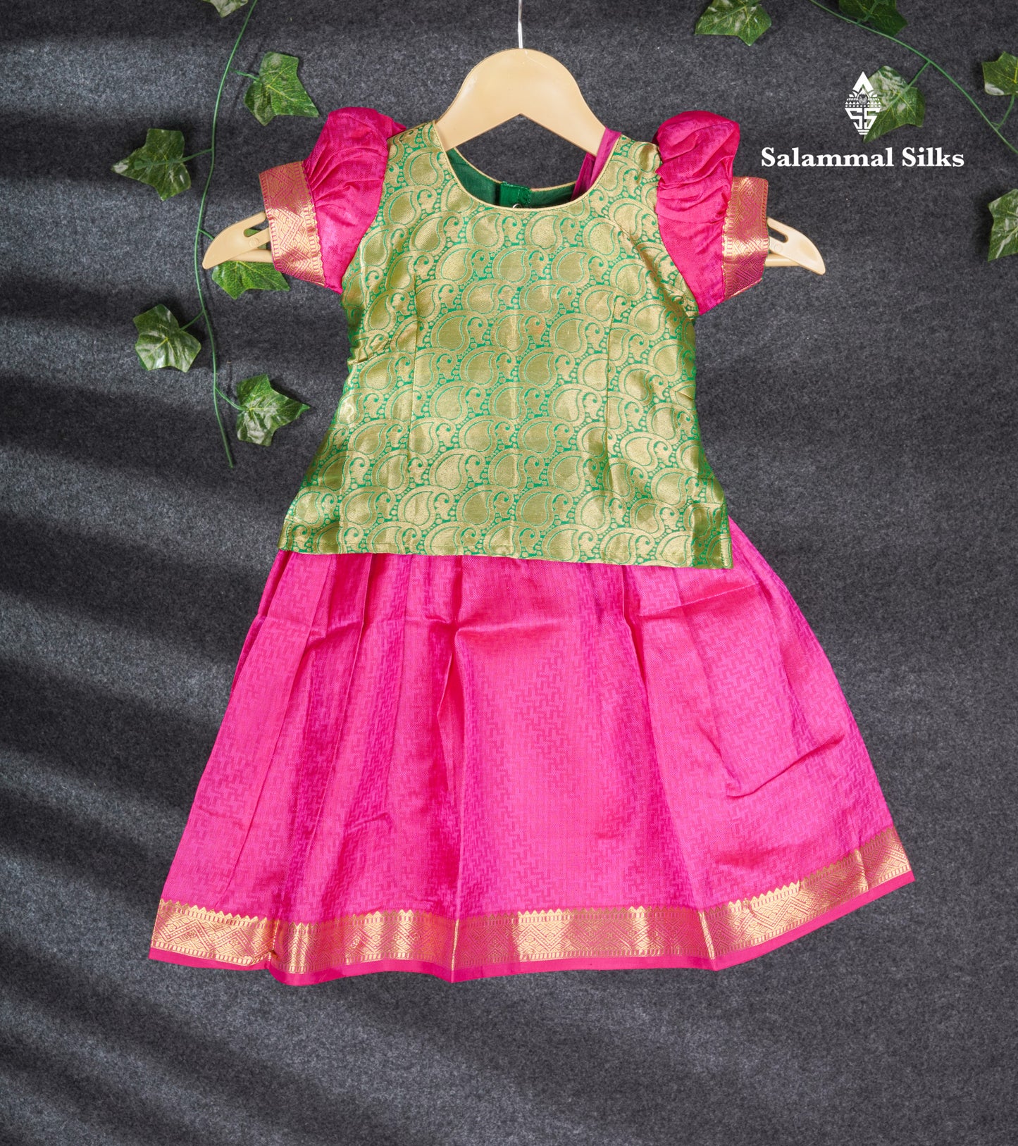 Readymade Pure Silk Pattu Pavadai - Green With Pink (1 Yr)