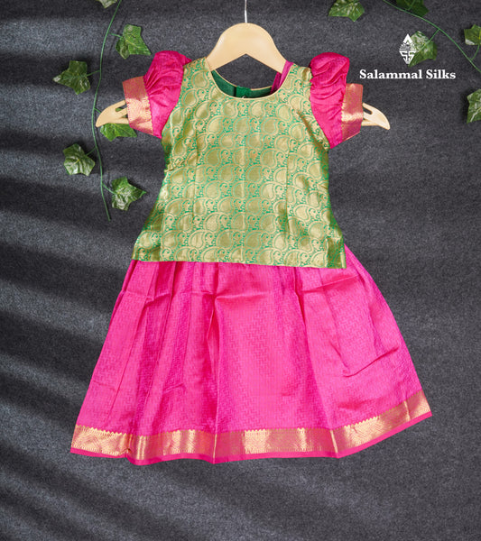 Readymade Pure Silk Pattu Pavadai - Green With Pink (1 Yr)