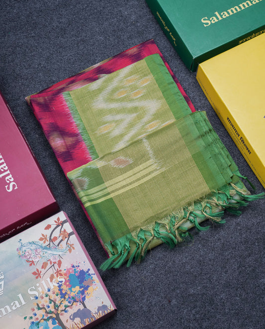 Premium Pink Colour Pochampalli SICO Cotton Saree With Contrast Tissue Parrot Green Border