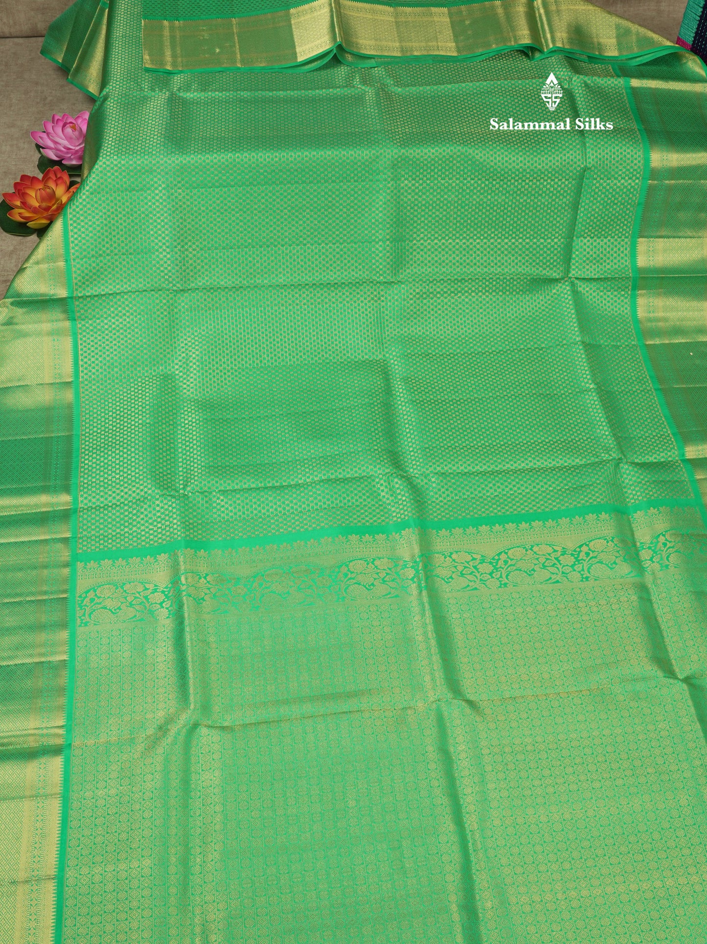 Sapphire Green Bridal Pure Kanjivaram Silk Saree With Self Border