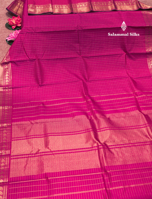Pink Colour Small Checks Kanjivaram Pure Silk Saree With Traditional Border