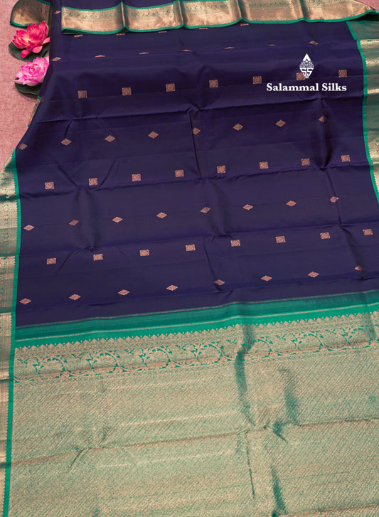 Navy Blue Colour Kanjivaram Pure Silk Saree With Saffire Green Border