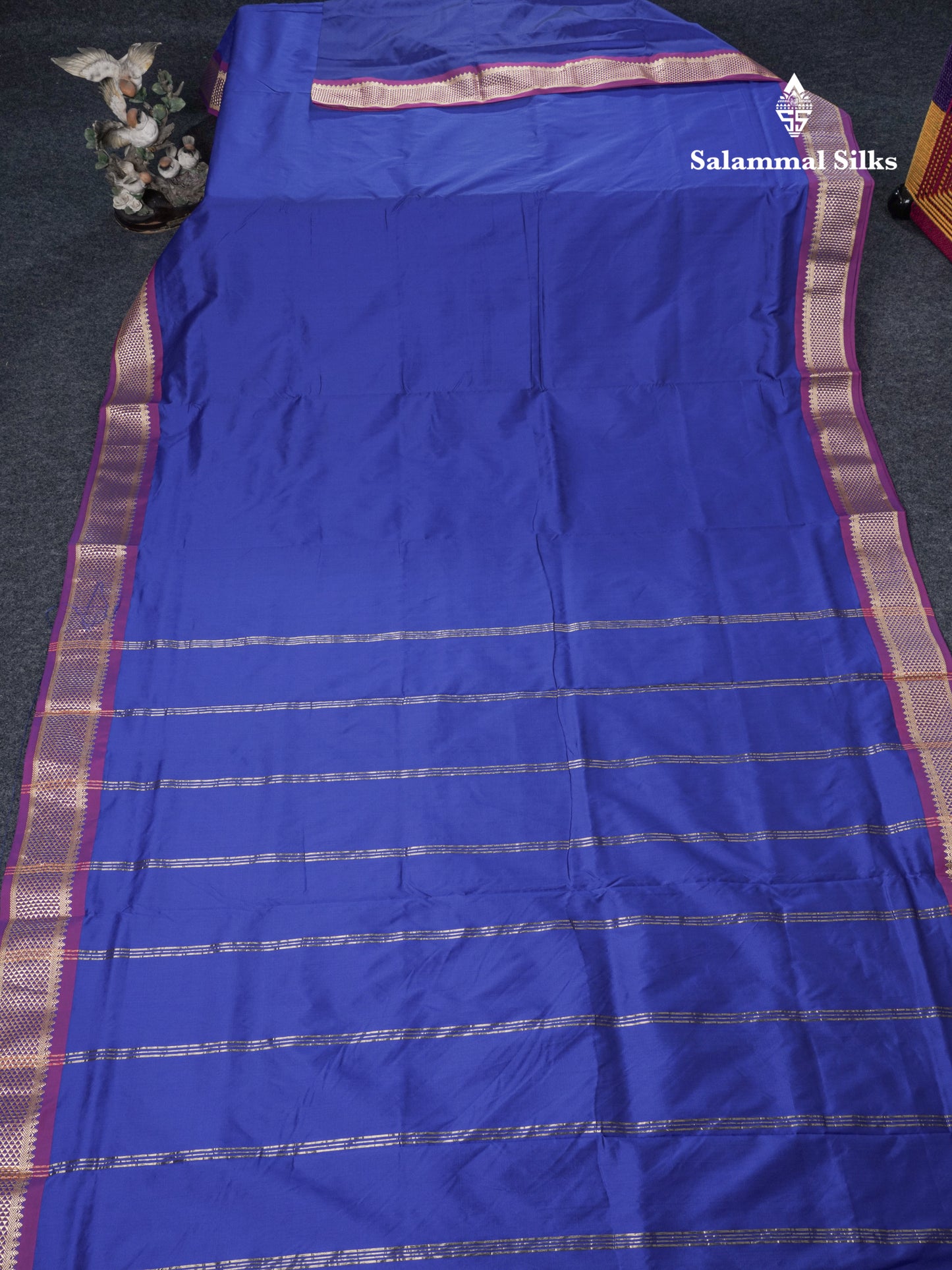 9.5 Yards Semi Silk Saree Plain Royal Blue With Traditional Purple Border