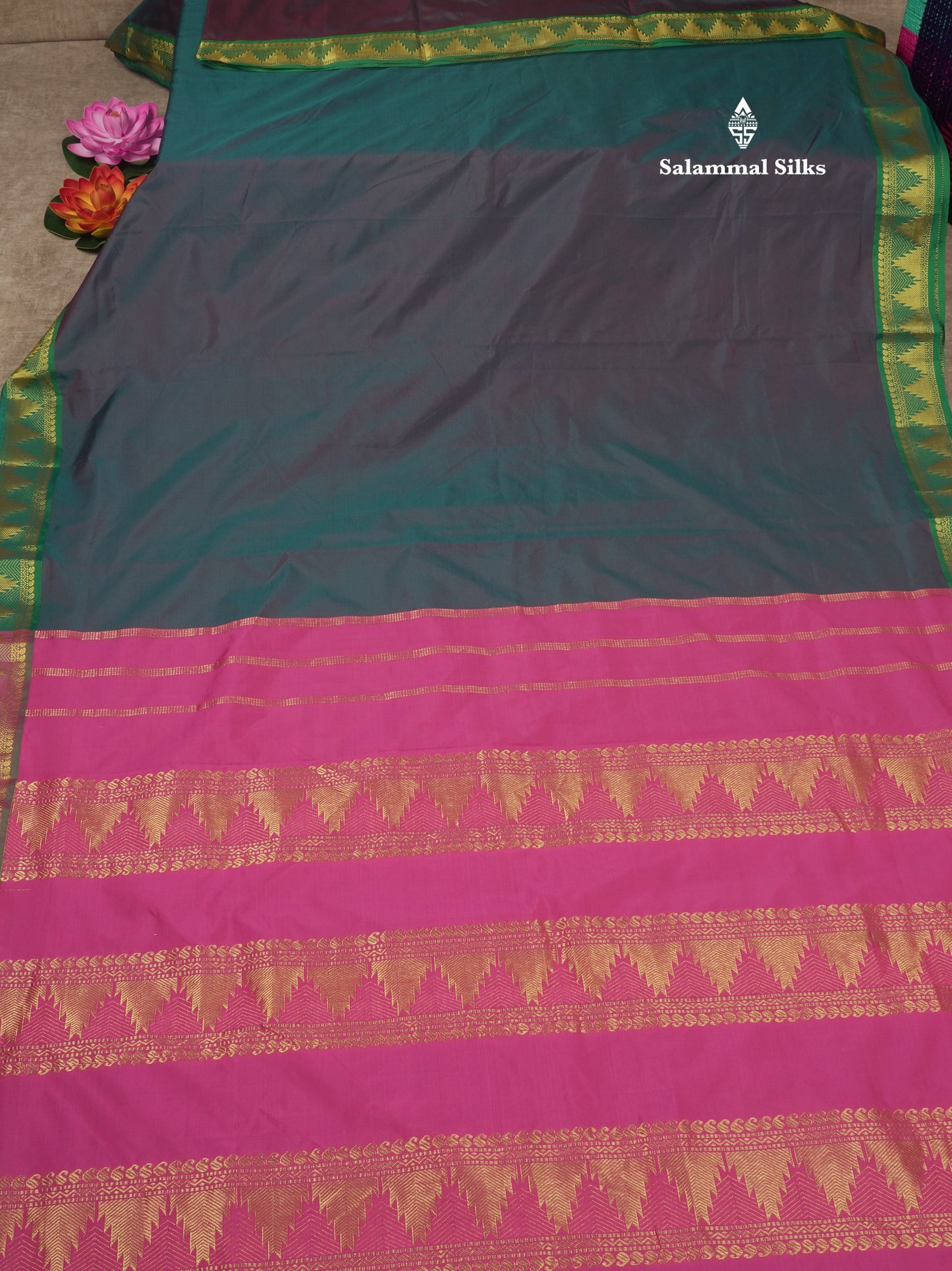 10 Yards Art Silk Saree Dark Brown with Contrast Green Temple Border