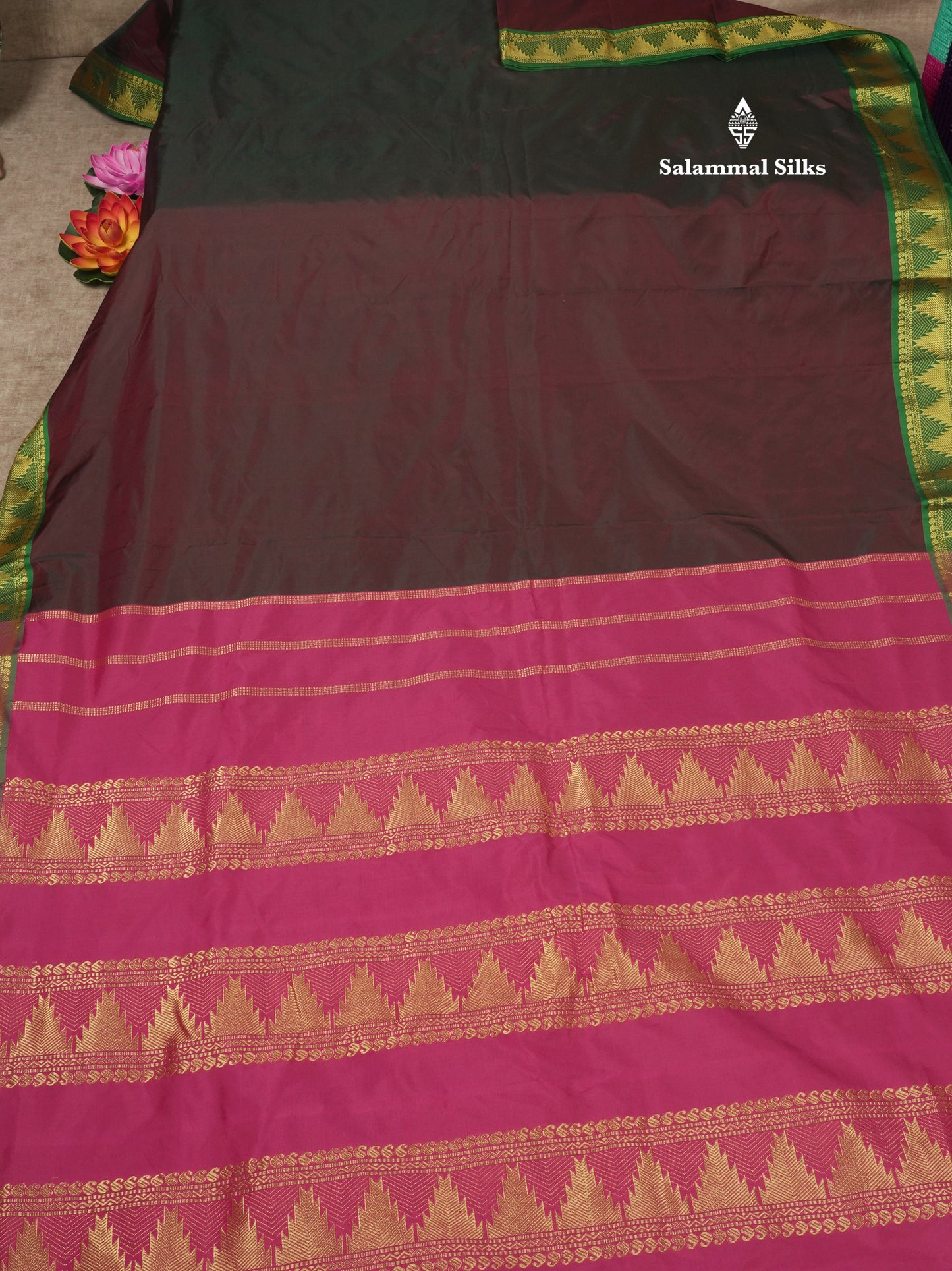 10 Yards Art Silk Saree Dark Brown with Contrast Green Temple Border