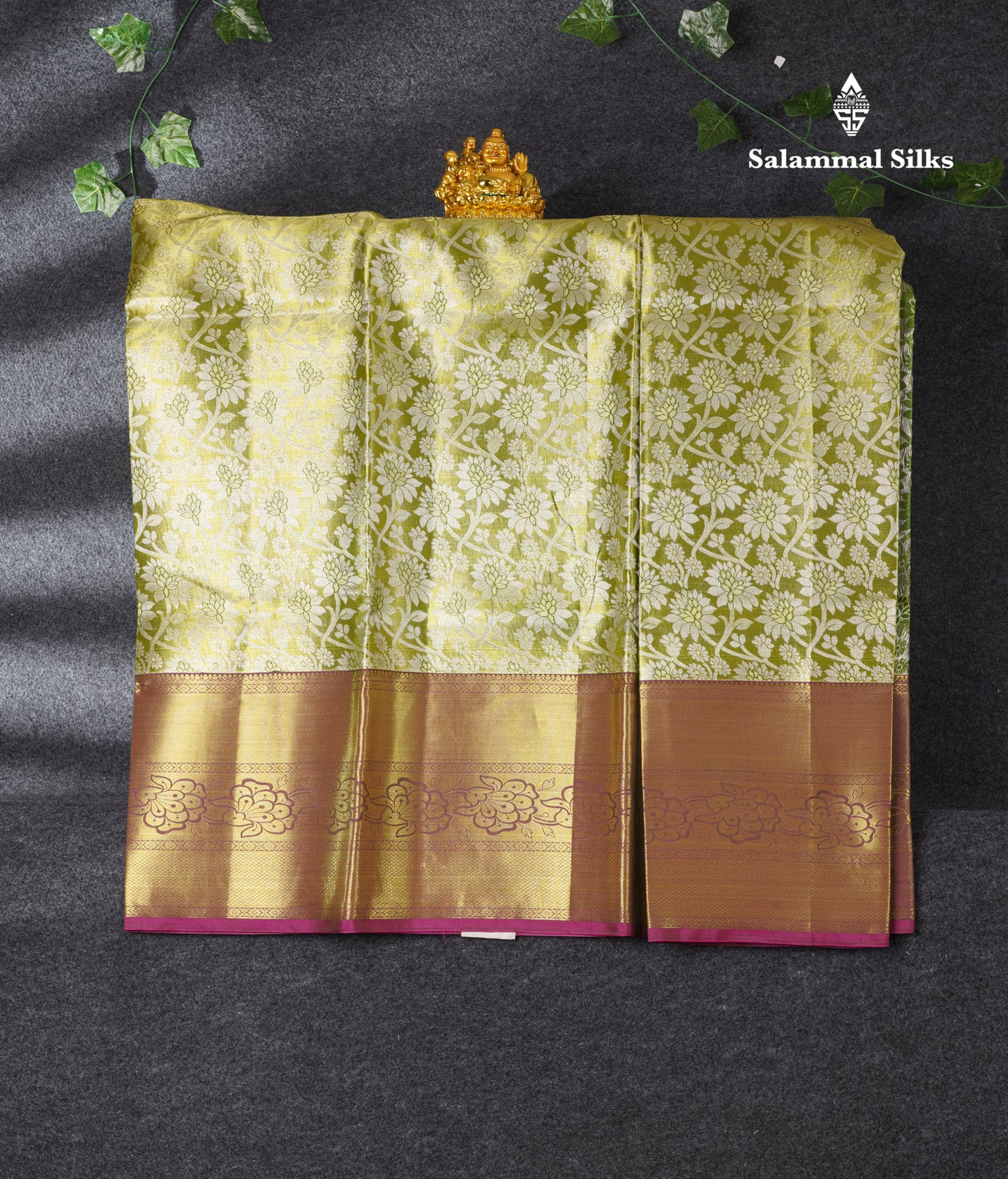 Semi Silk Pattu Pavadai ( Yellow Green Tissue ) With Gold Blouse 44"