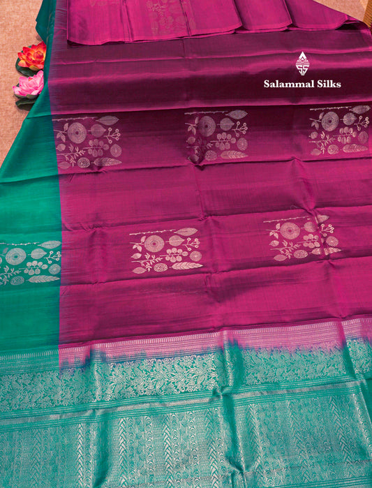 Violet Colour Kanjivaram Pure Silk Saree With Fancy Sapphire Green Border
