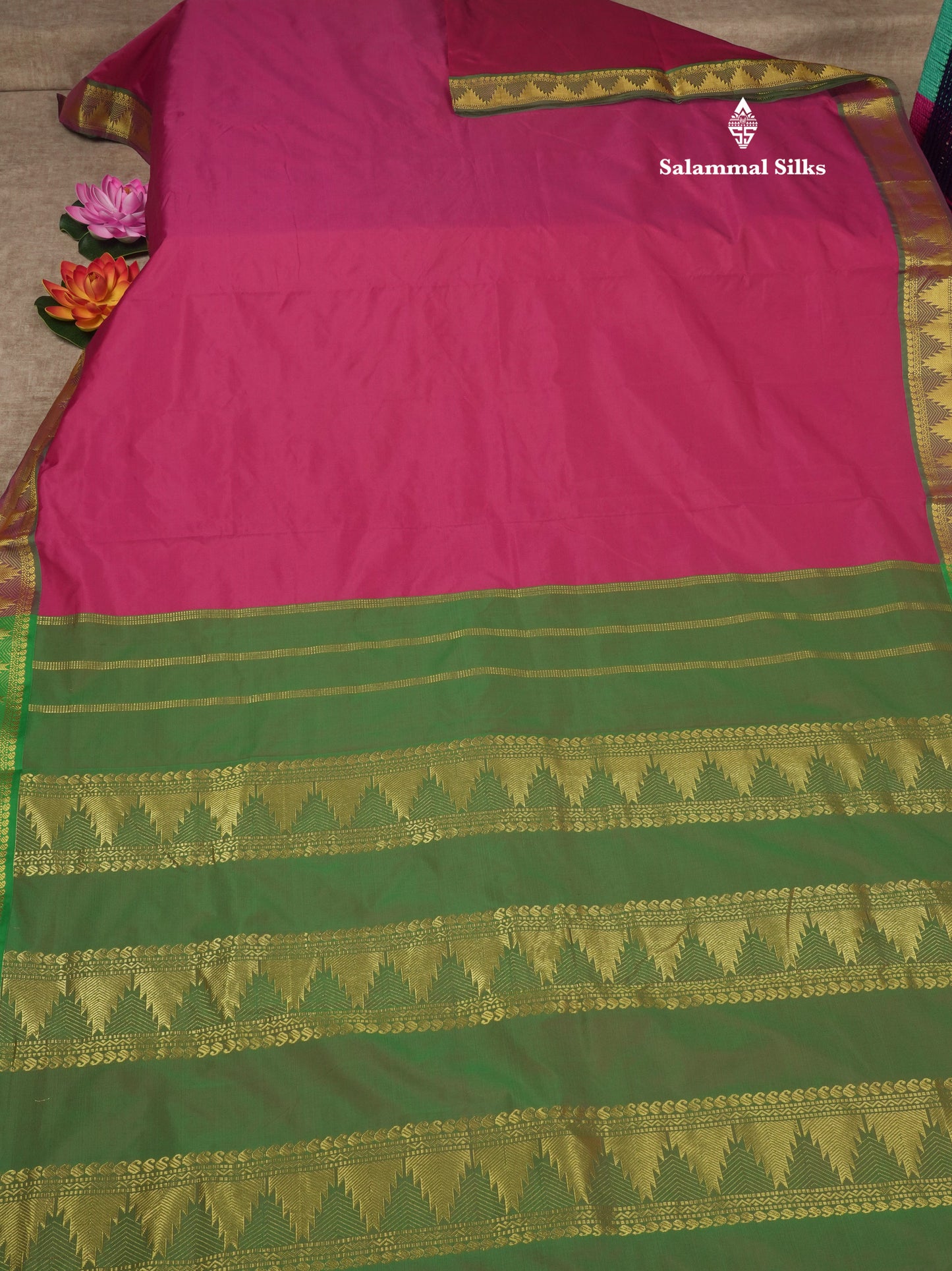 10 Yards Art Silk Saree Dark Brown with Contrast Green Temple Border