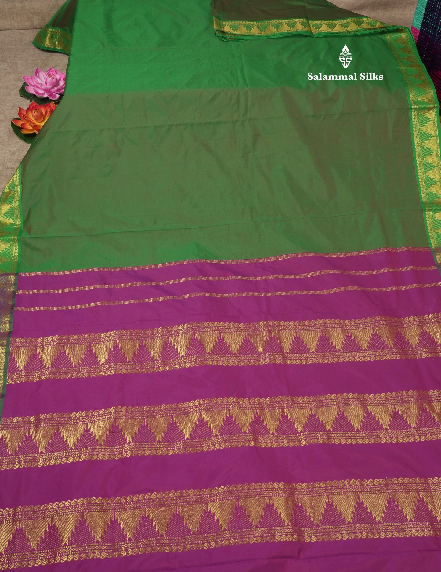 10 Yards Art Silk Saree Dark Brown with Contrast Green Temple Border