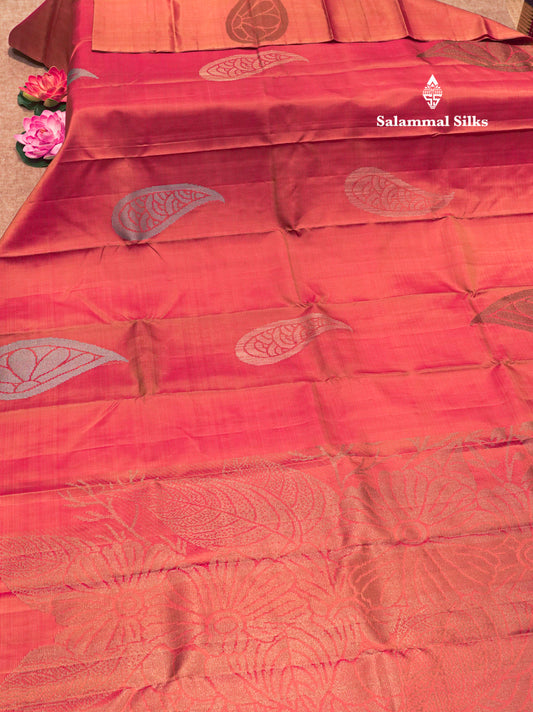 Fancy Peach Orange Colour Pure Kanjivaram Silk Saree