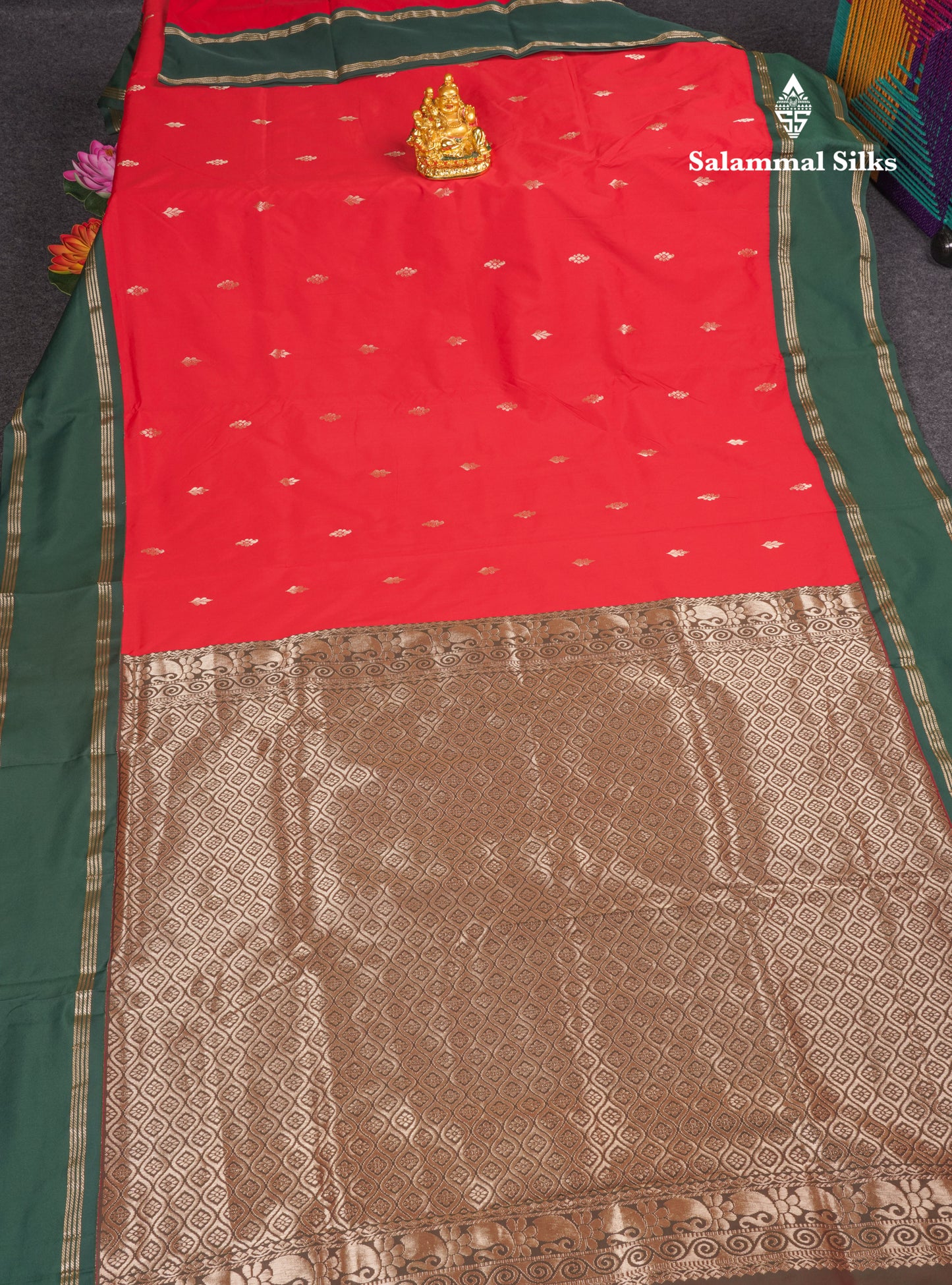 9 Yards Semi Silk Saree Chilly Red With Contrast Bottle Green Gap Border