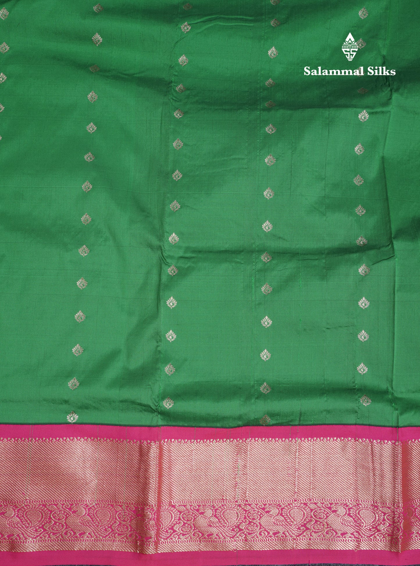 9 Yards Semi Silk Saree Saffire Green With Contrast Pink Traditional Border