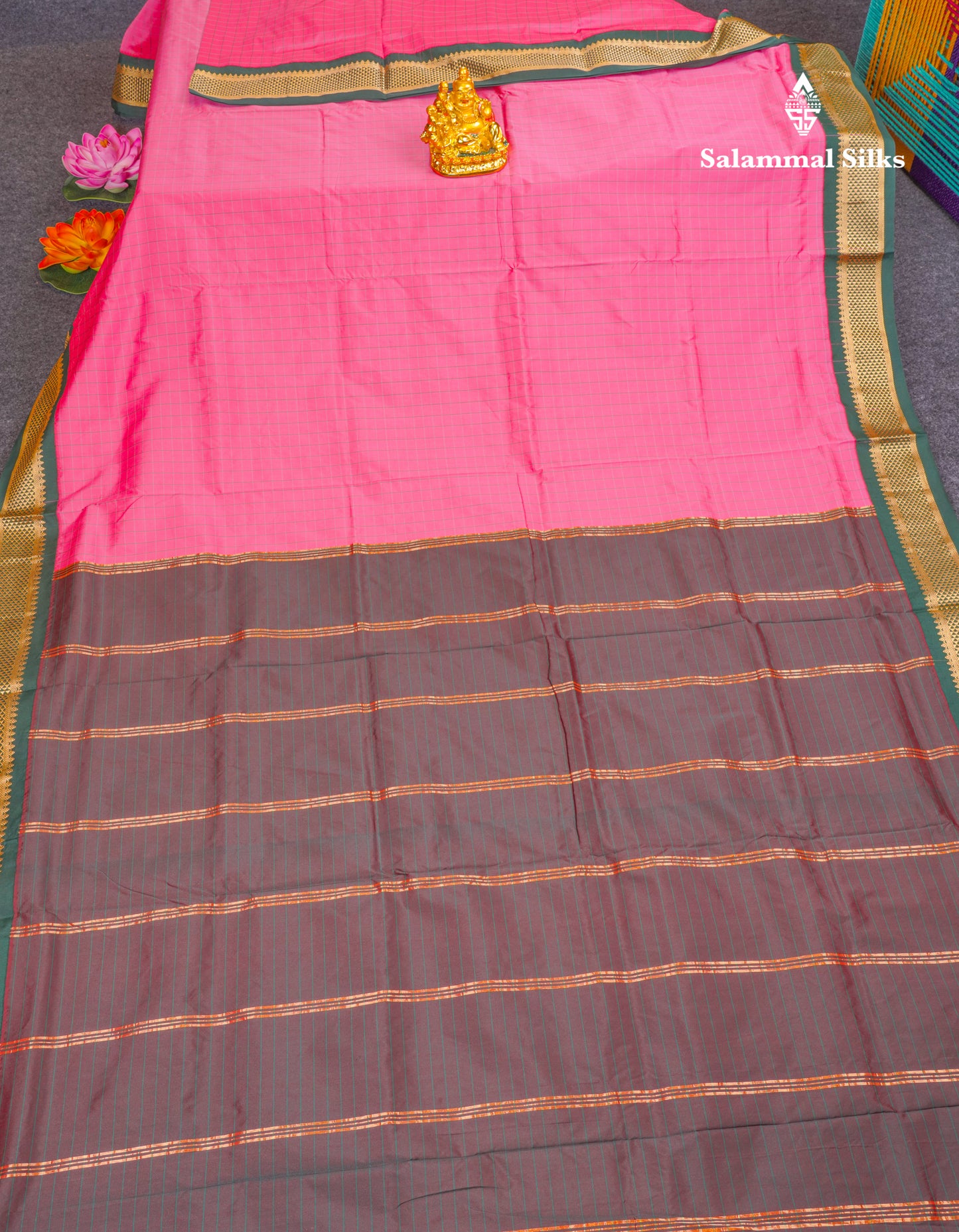 9 Yards Semi Silk Saree Pink Small Checks With Contrast Bottle Green Border