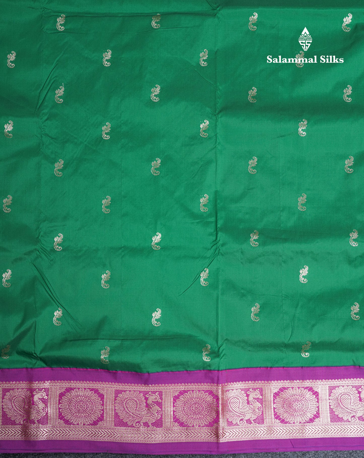 9 Yards Semi Silk Saree Saffire Green With Contrast Purple Traditional Border