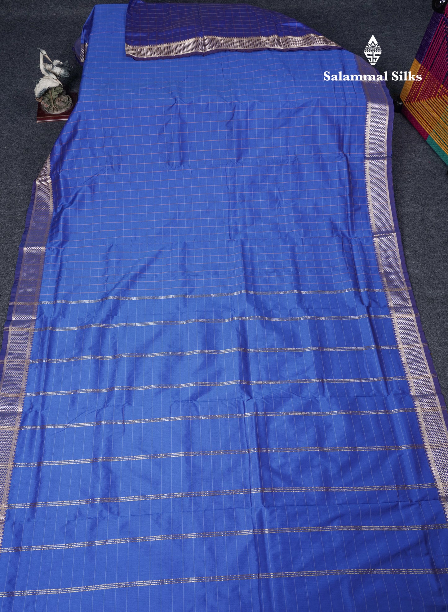 9.5 Yards Semi Silk Saree Royal Blue Checks With Traditional Self Border