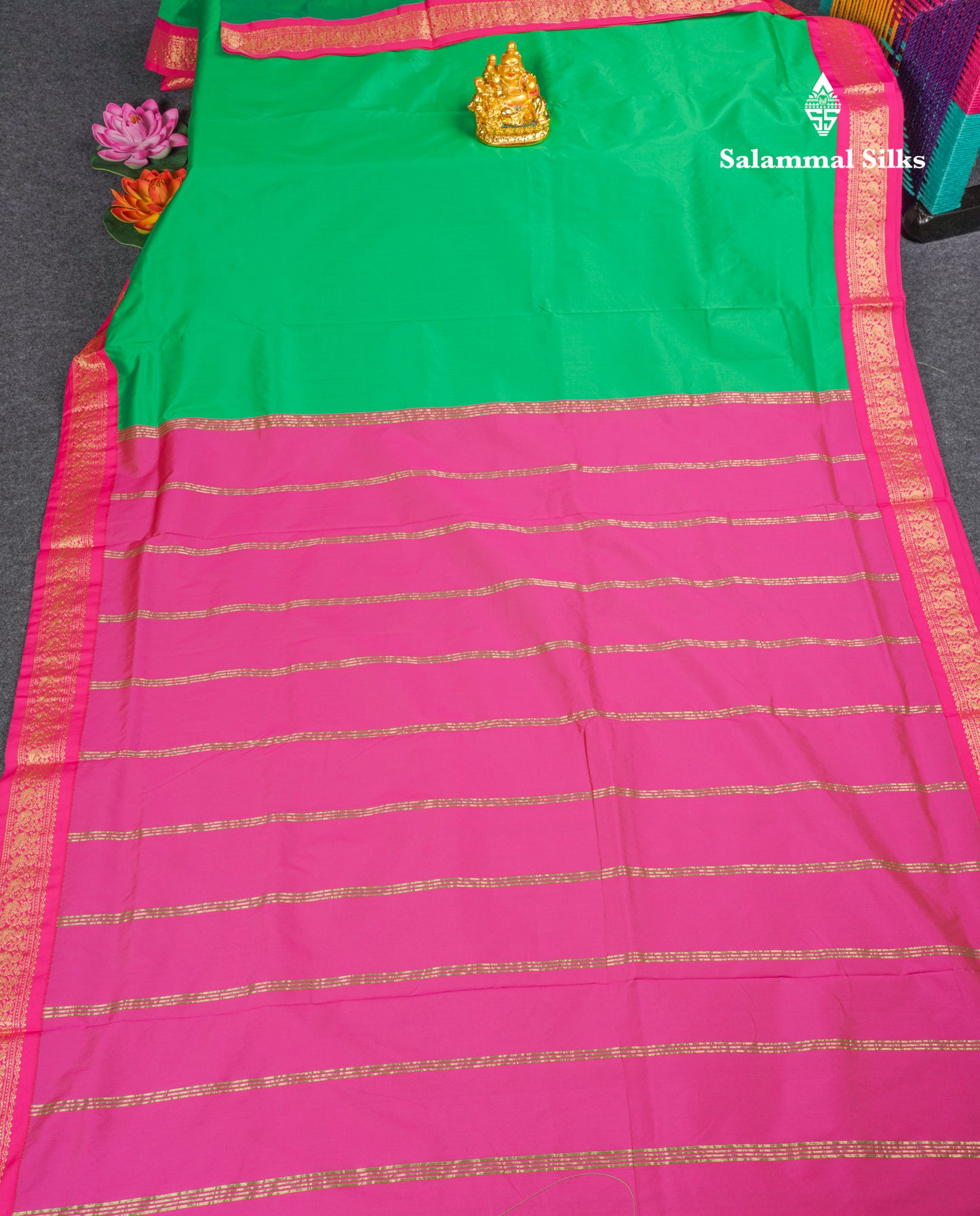 11 Yards Semi Silk Saree Green with Contrast Pink Border