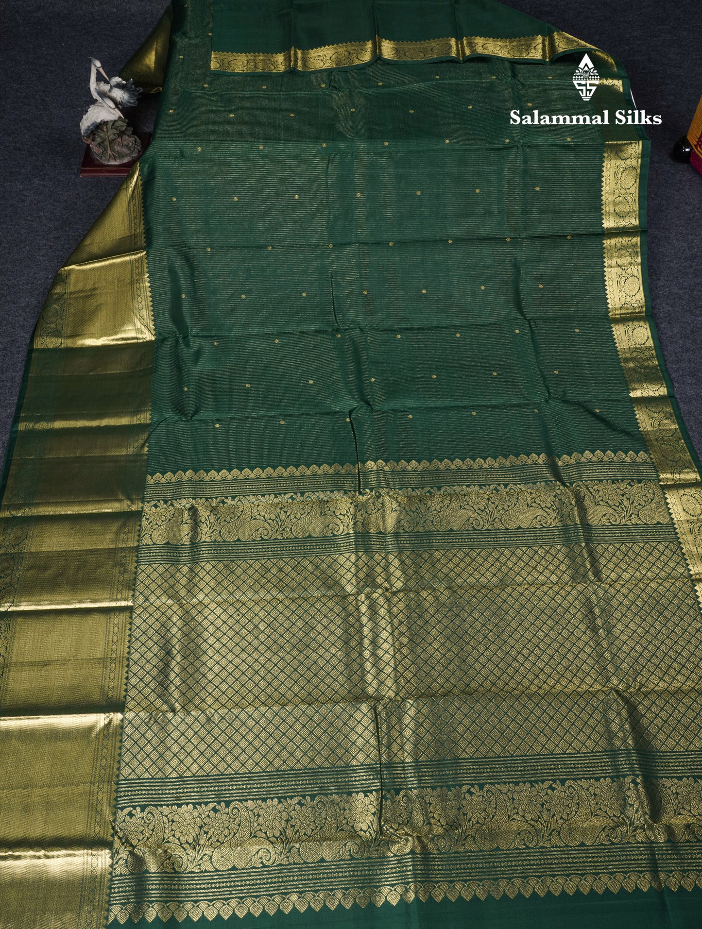 Bottle Green Pure Kanjivaram Silk Saree With Self Evening Morning Border