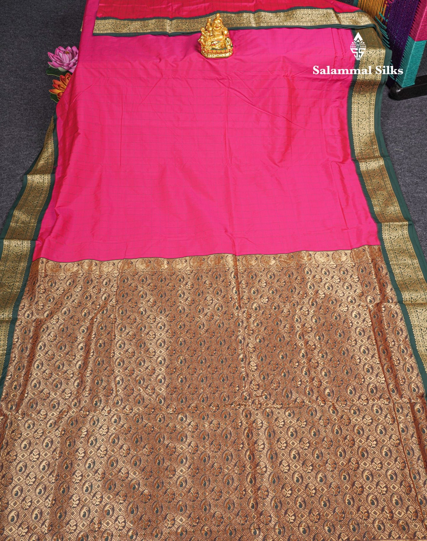 9 Yards Semi Silk Saree Pink Checks With Contrast Bottle Green Border