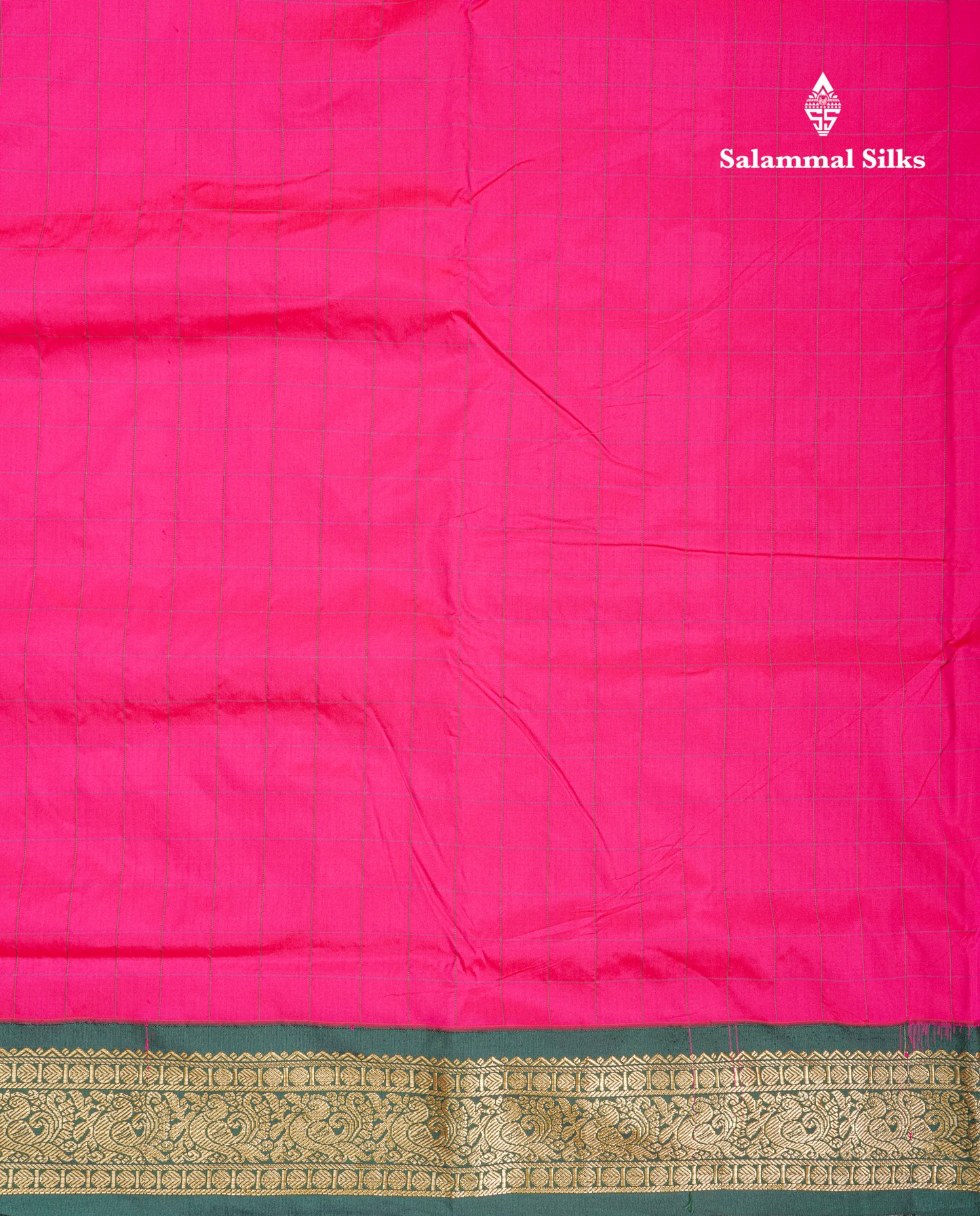 9 Yards Semi Silk Saree Pink Checks With Contrast Bottle Green Border