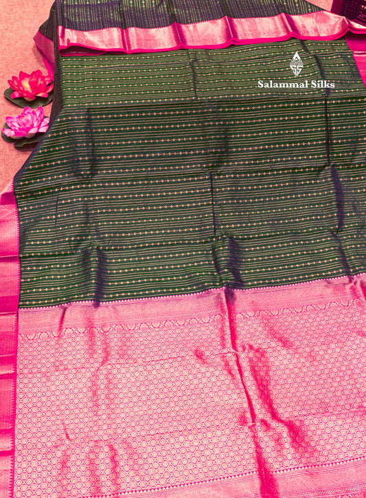 Peacock Green Colour Kanjivaram Pure Silk Saree With Pinkish Orange Silver Zari Border
