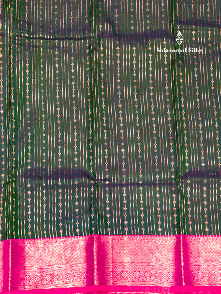Peacock Green Colour Kanjivaram Pure Silk Saree With Pinkish Orange Silver Zari Border