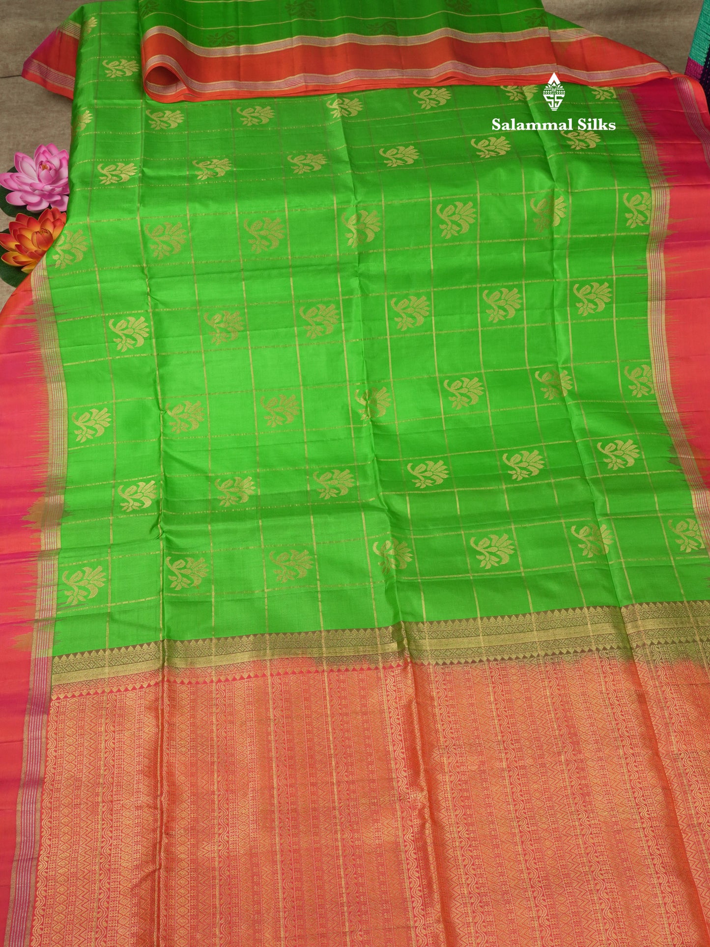 Beautiful Sea Green Pure Kanjivaram Soft Silk Saree With Contrast Pinkish Orange Border