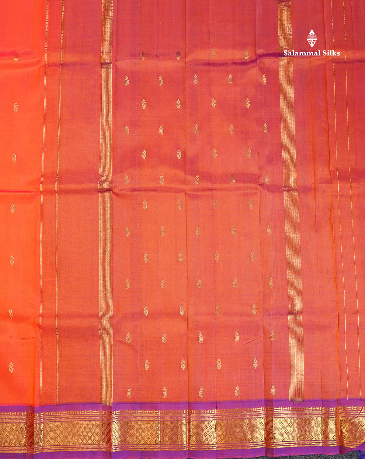 One Side Border Pure Silk Saree - Pinkish Orange Colour Zari Butta With Contrast Purple Traditional Border