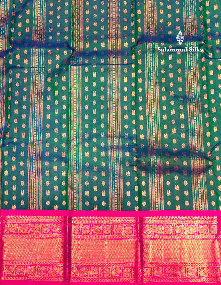 Peacock Green Colour Kanjivaram Pure Silk Saree With Traditional Pink Border