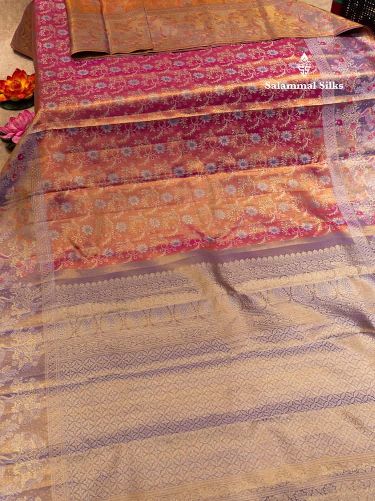 Pink Colour Pure Kanjivaram Tissue Silk Saree with Fancy Violet Border