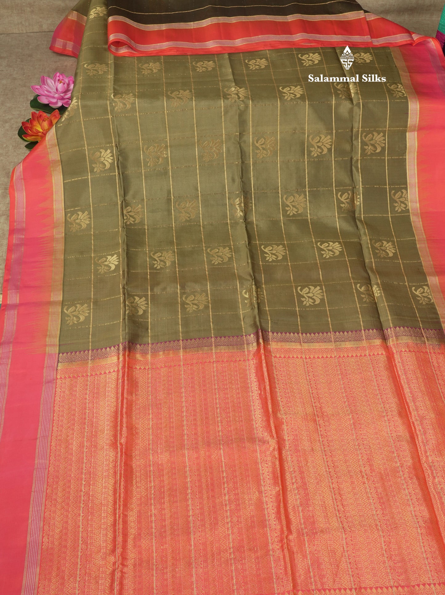 Beautiful Sea Green Pure Kanjivaram Soft Silk Saree With Contrast Pinkish Orange Border