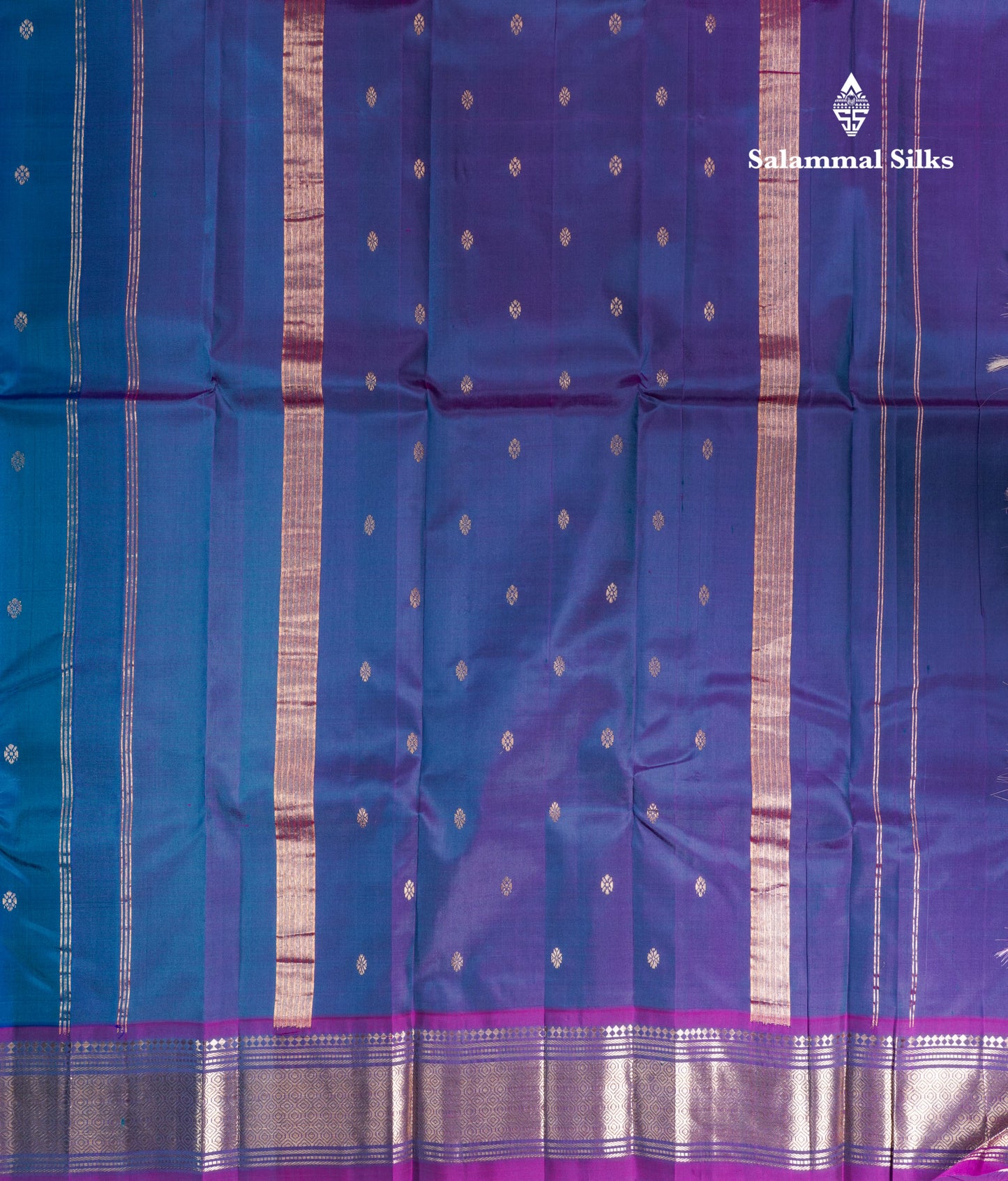 Dual Tone Peacock Blue Pure Kanjivaram Silk Saree With Contrast Purple One Side Border