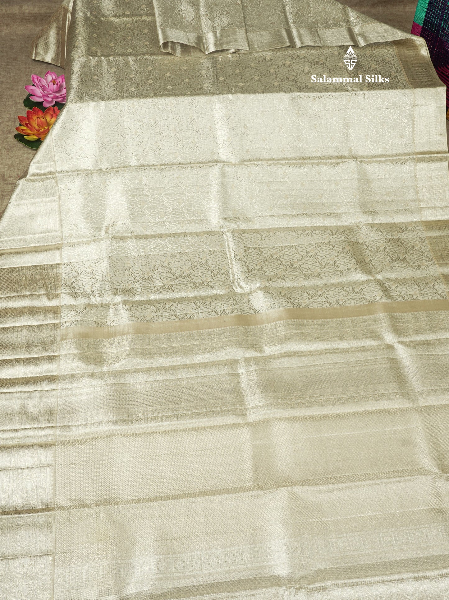 Silver Colour Tissue Pure Kanjivaram Silk Saree With Traditional Self Border