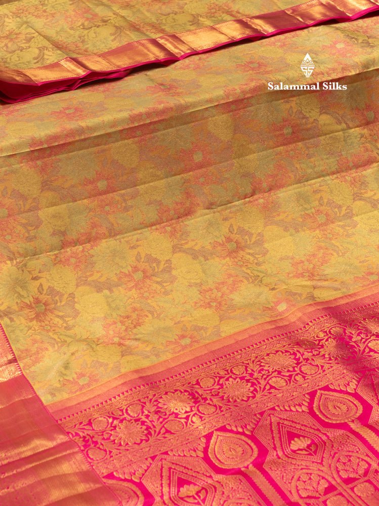 Multicolour Pure Kanjivaram Silk Saree with Pink Border