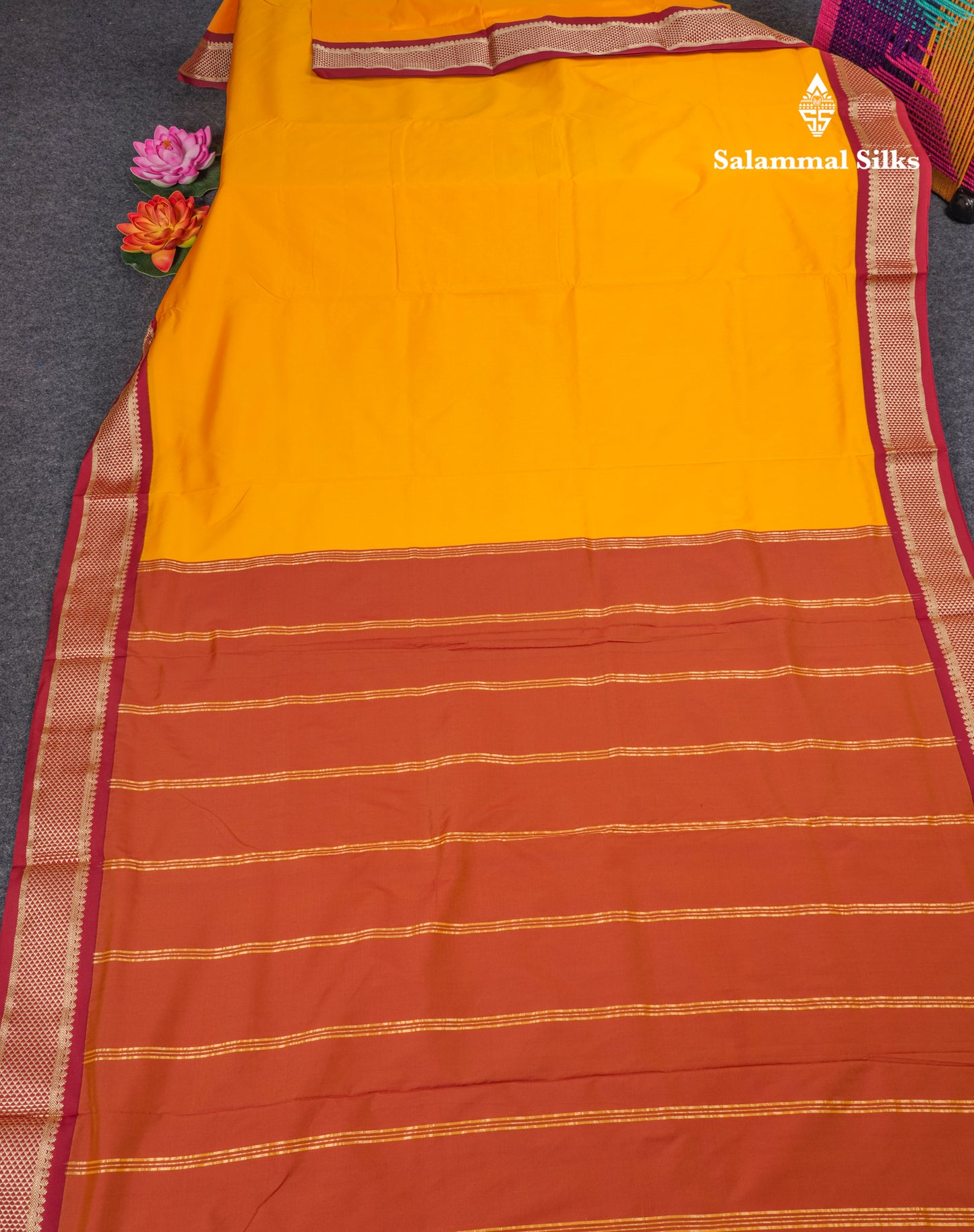 9 Yards Semi Silk Saree Mango Yellow with Contrast Maroon Border