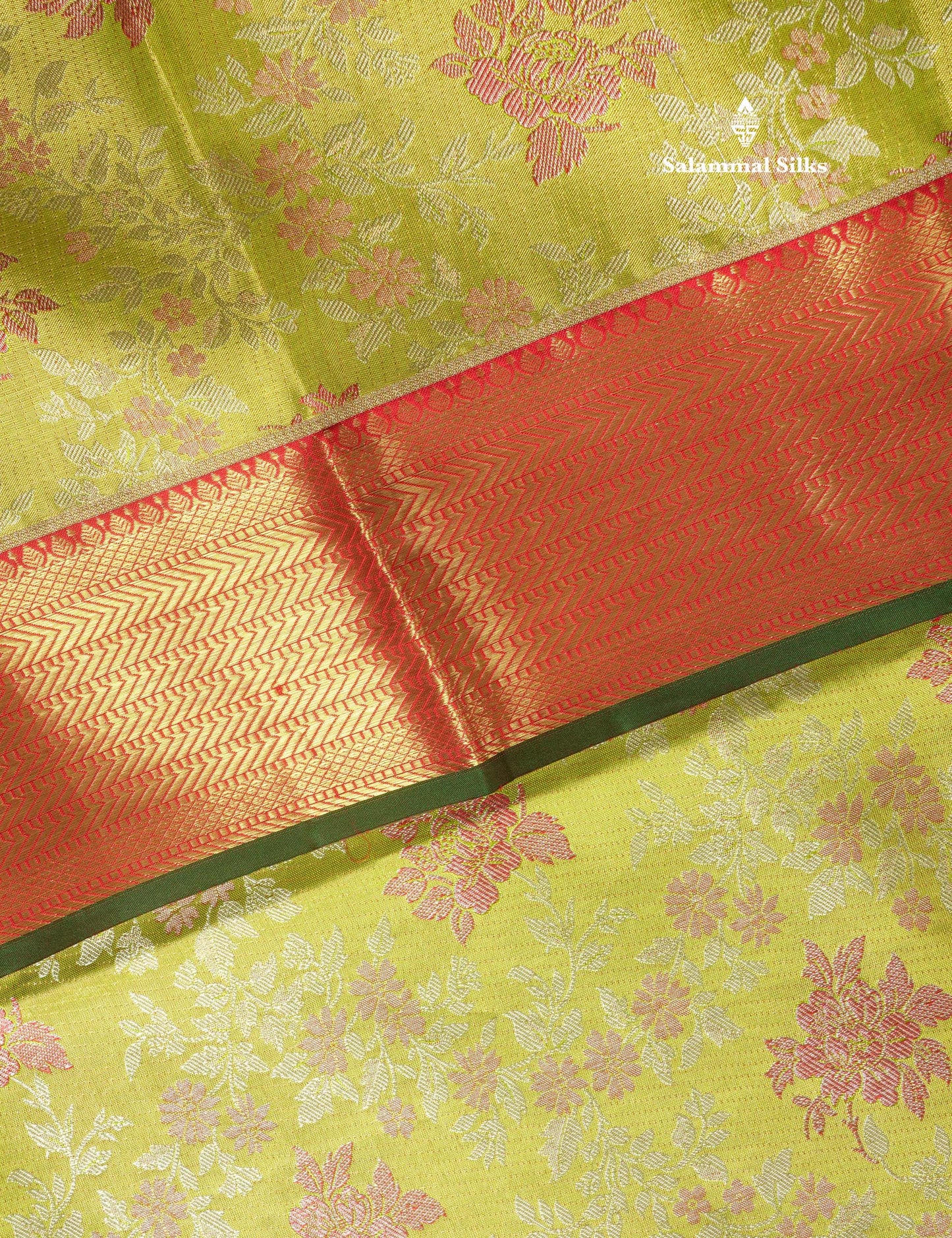 Manthulir Green Pure Kanjivaram Silk Saree With Contrast Red Border