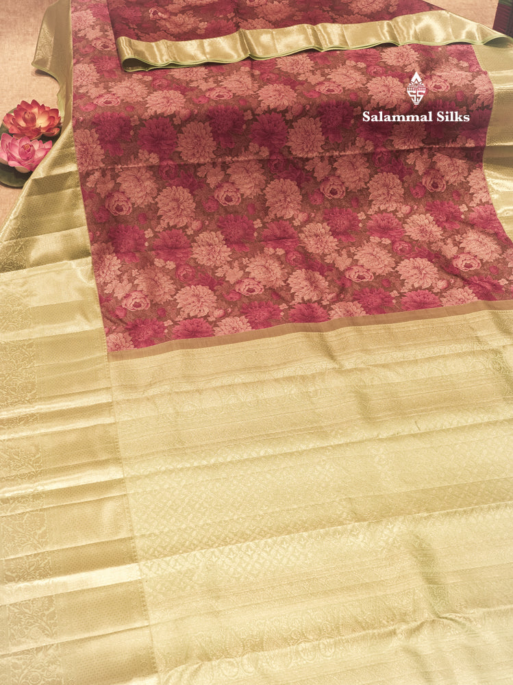 Pinkish Brown Colour Pure Kanjivaram Fancy Silk Saree with Rexona Green Border