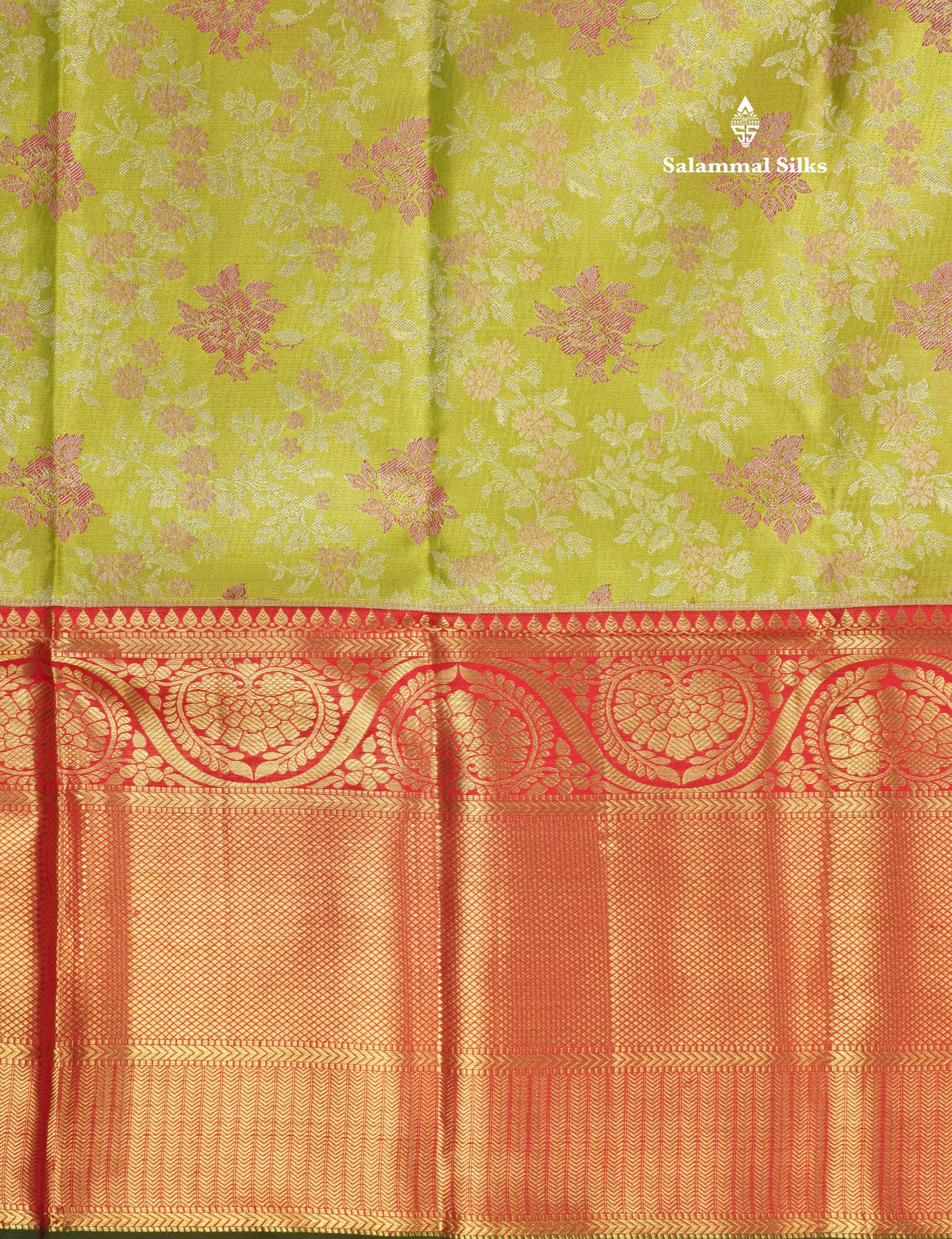 Manthulir Green Pure Kanjivaram Silk Saree With Contrast Red Border