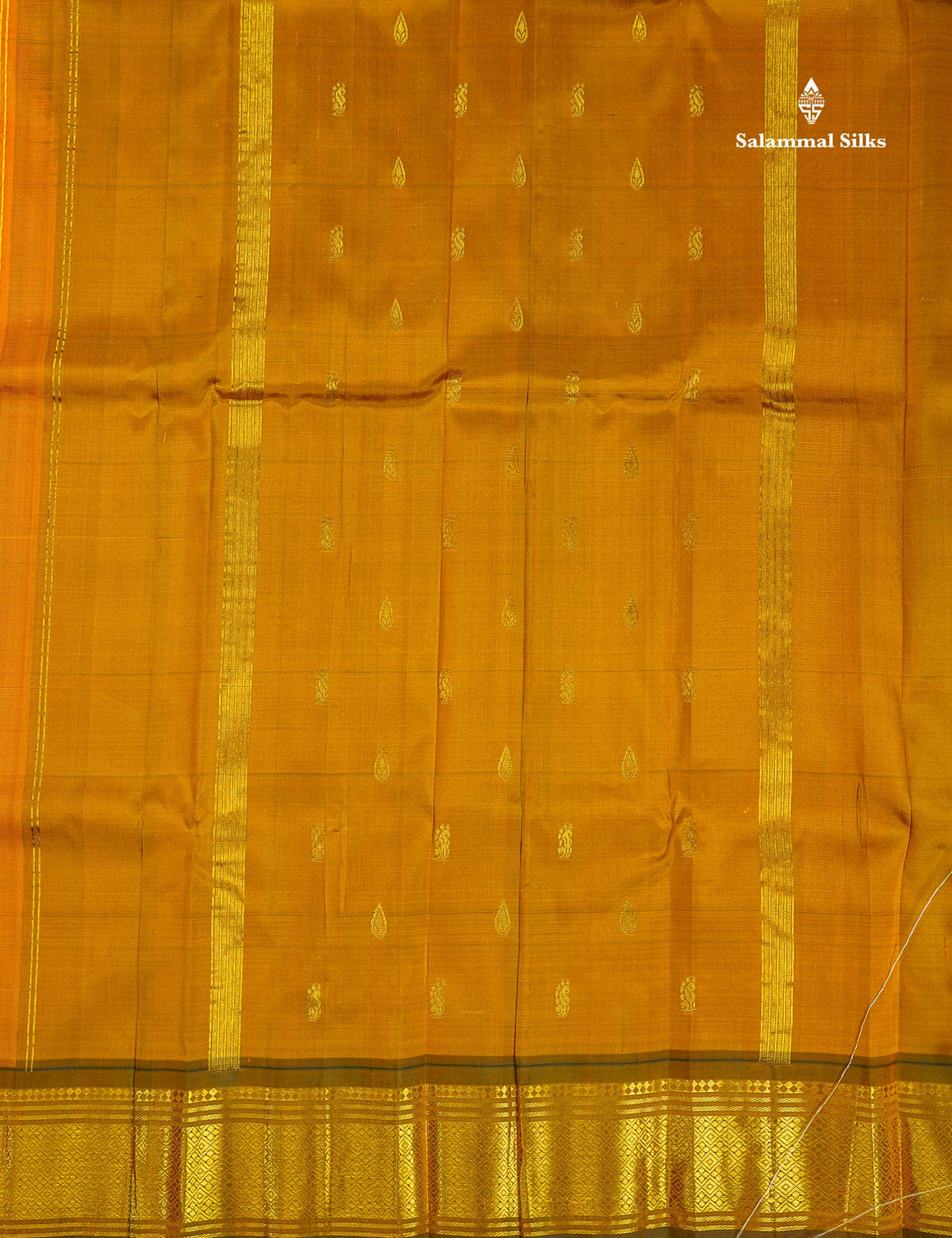 One Side Border Pure Silk Saree - Yellow Colour Body Zari Butta With Contrast Olive Green Traditional Border