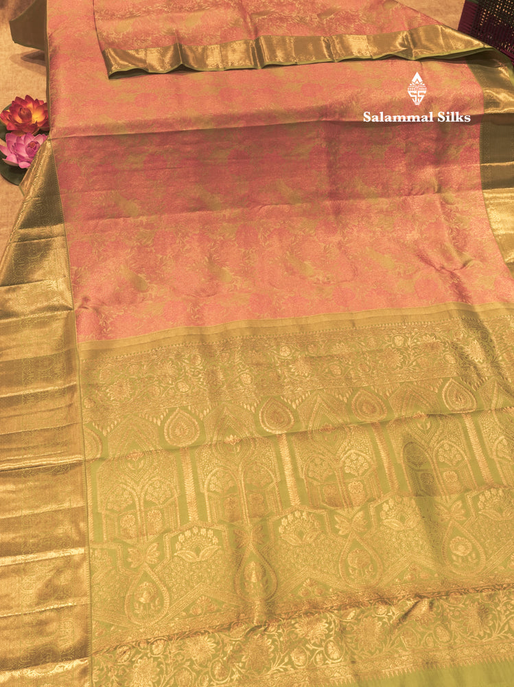 Peach Colour Pure Kanjivaram Fancy Silk Saree with Light Elaichi Green Border