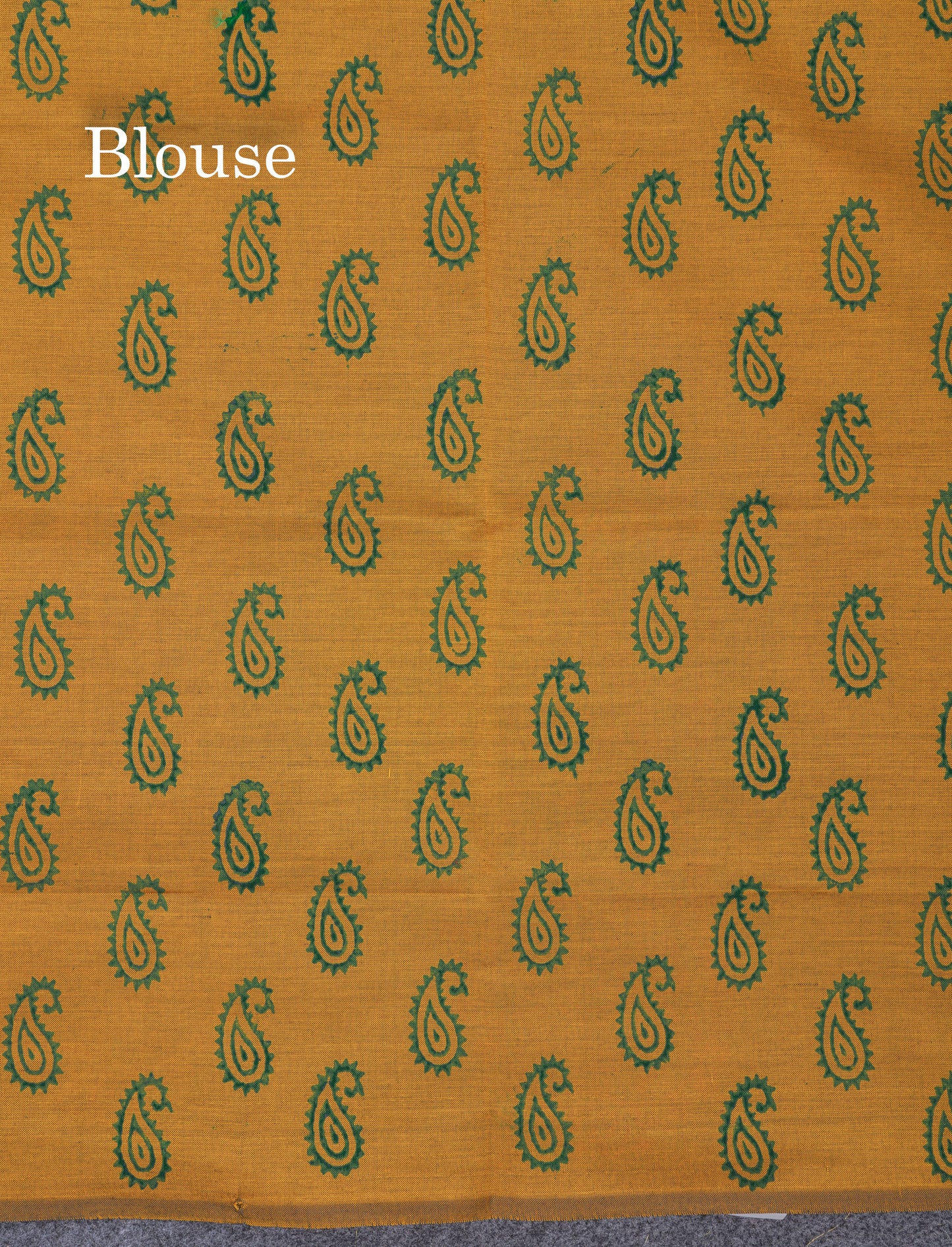 Bottle Green South Cotton Printed Saree With Contrast Mustard Yellow Blouse