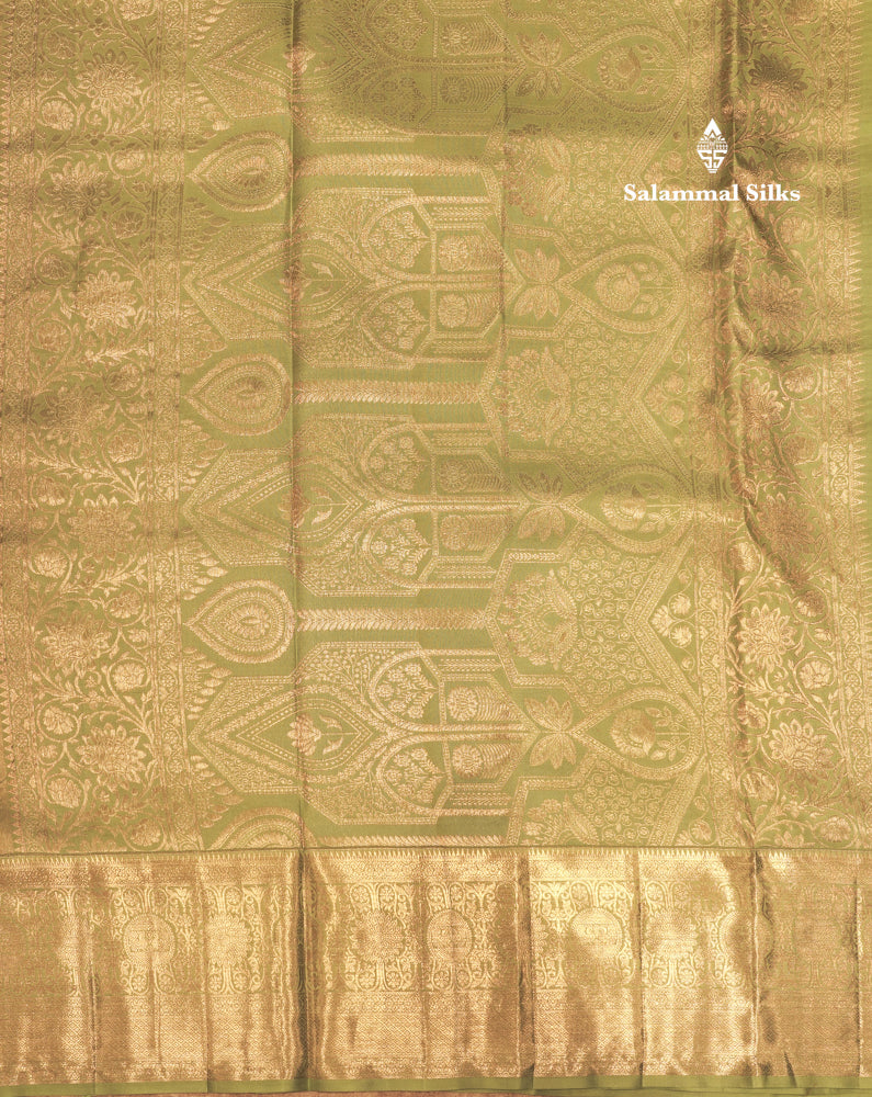 Peach Colour Pure Kanjivaram Fancy Silk Saree with Light Elaichi Green Border