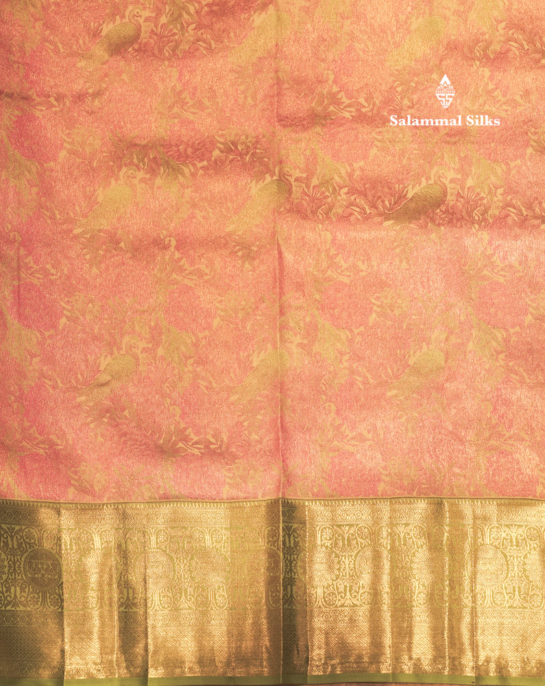 Peach Colour Pure Kanjivaram Fancy Silk Saree with Light Elaichi Green Border