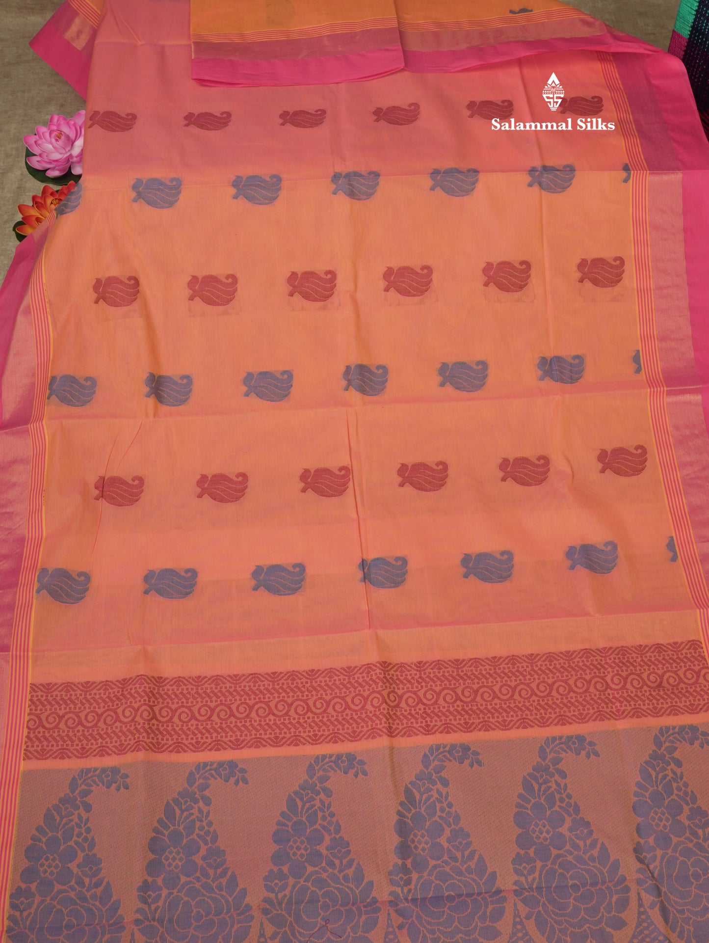 Peach Beautiful Fancy Pure Cotton Saree With Pink Border