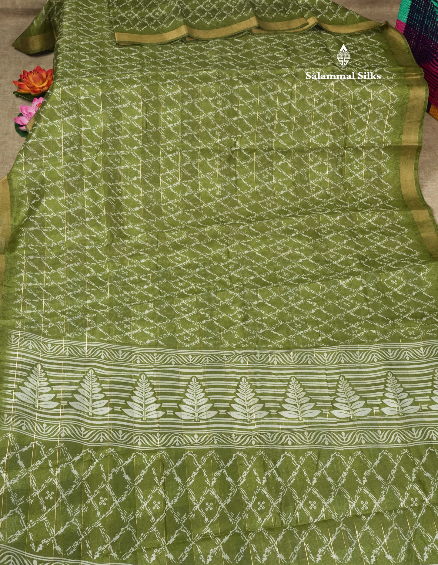 Army Green Printed Cotton Mix Saree With Tissue Border
