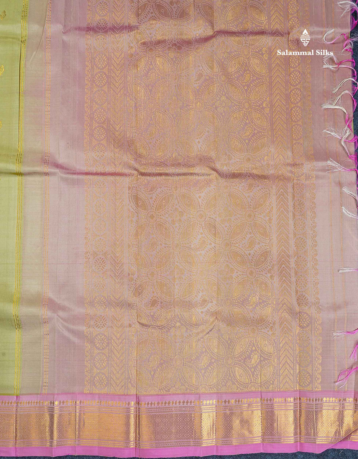 One Side Border Pure Silk Saree - Light Pista Green Colour Body Zari Butta With Baby Pink Border