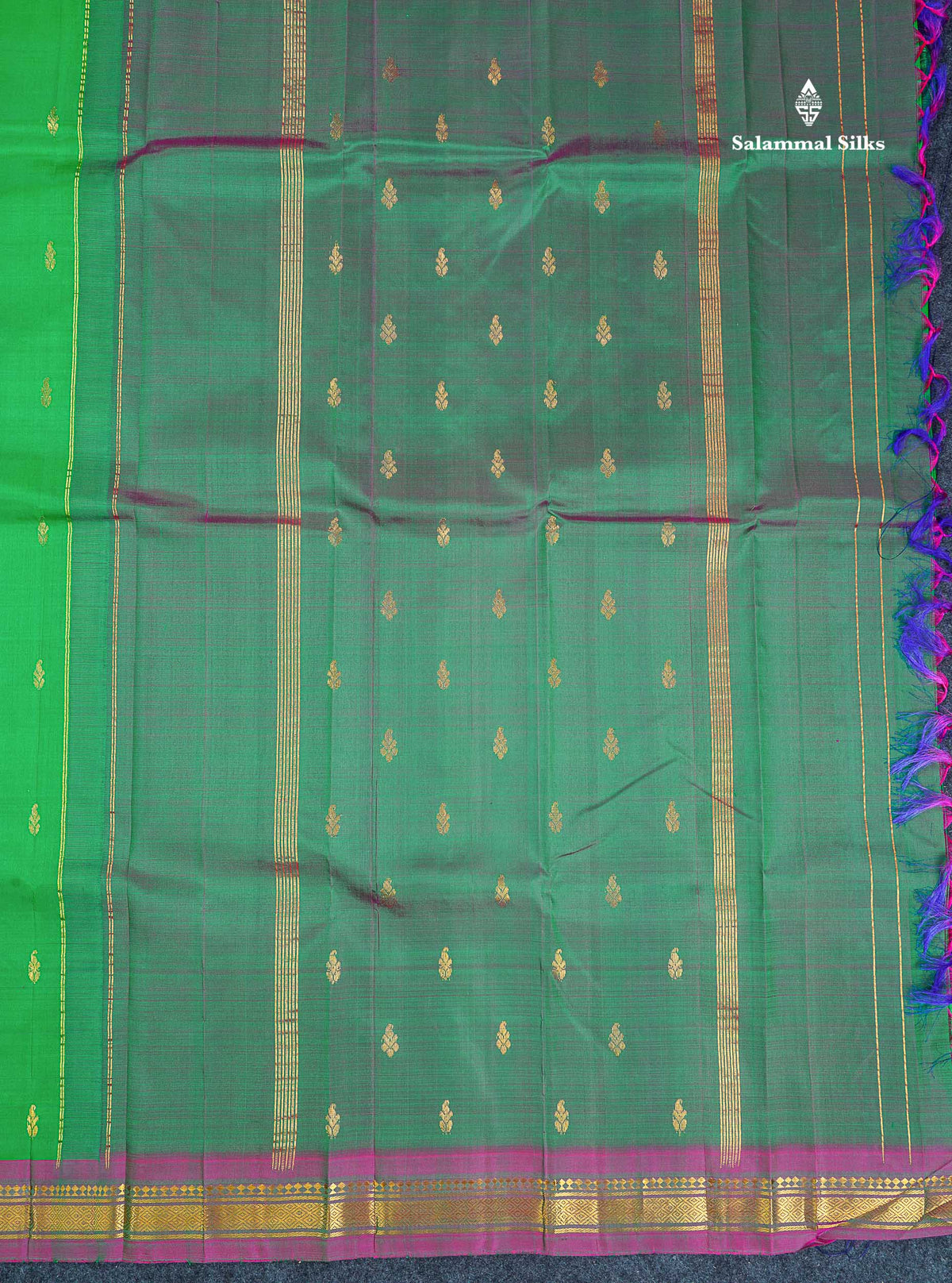 One Side Border Pure Silk Saree - Green Colour Body Zari Butta With Traditional Border