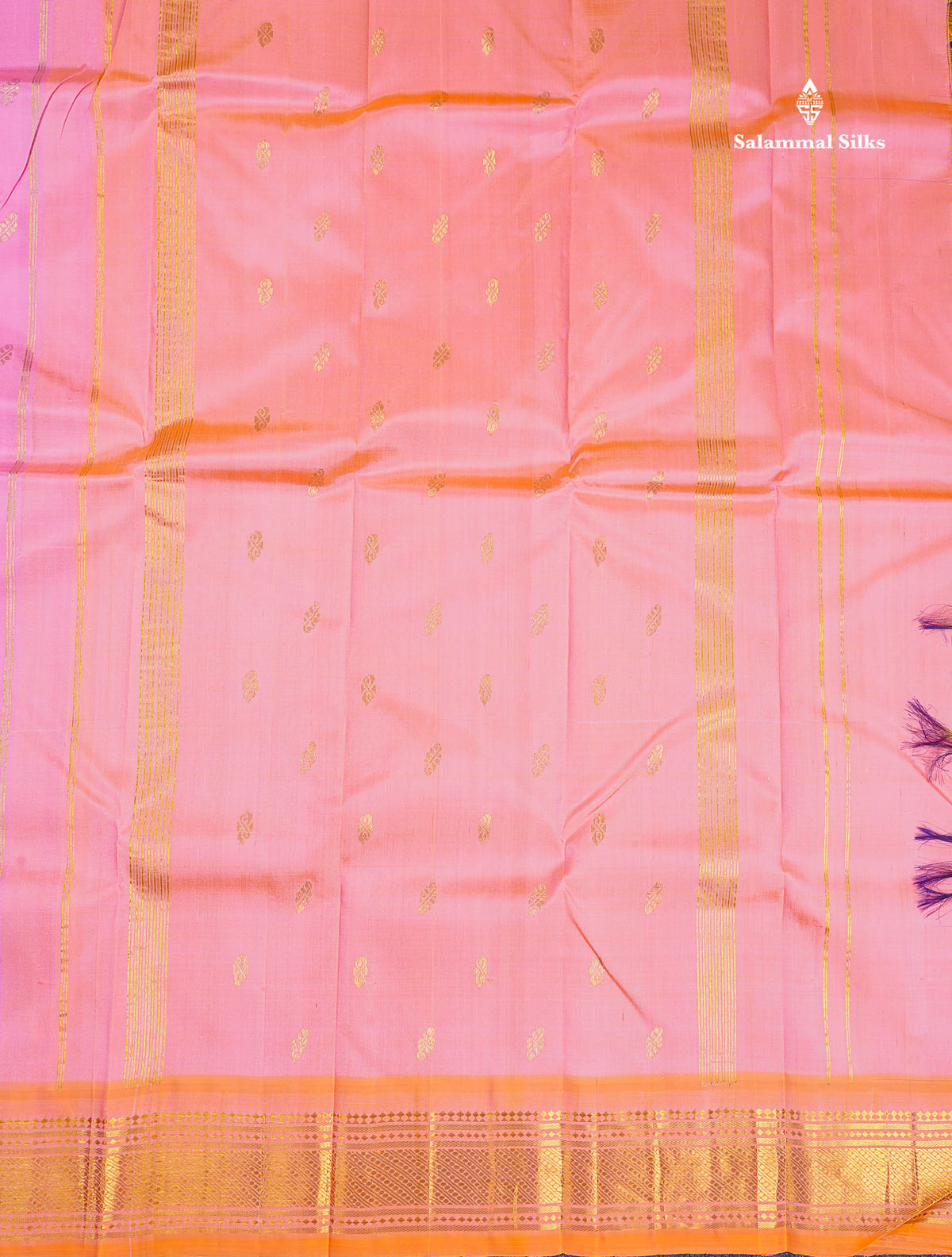 One Side Border Pure Silk Saree - Pink Colour Body Zari Butta With Contrast Orange Border