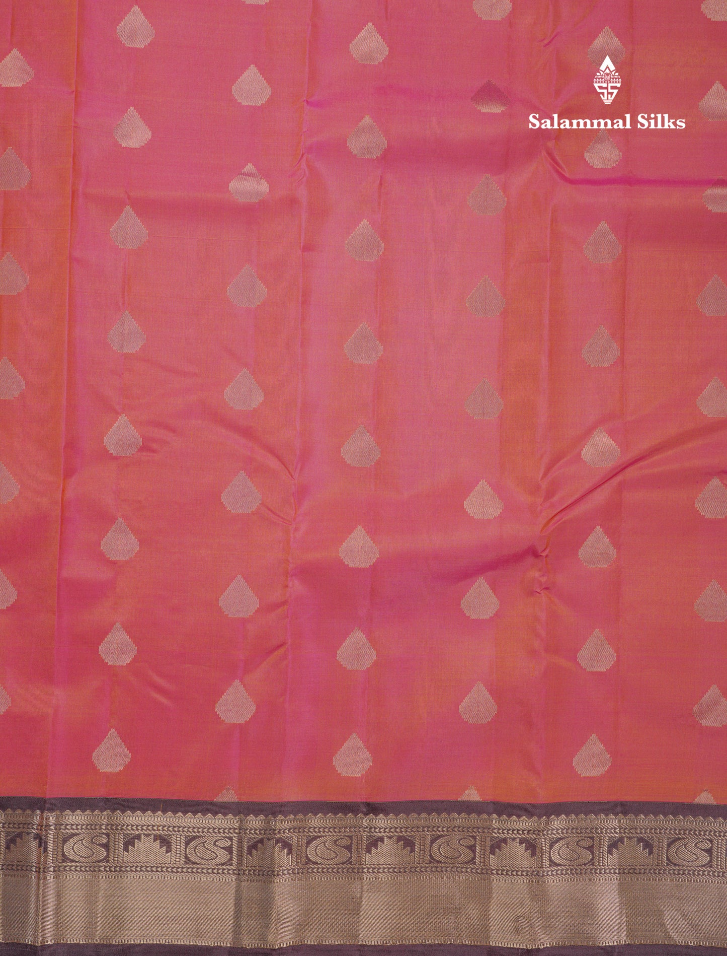 Dual Tone Pinkish Orange Pure Kanjivaram Silk Saree With Contrast Dark Brown Border