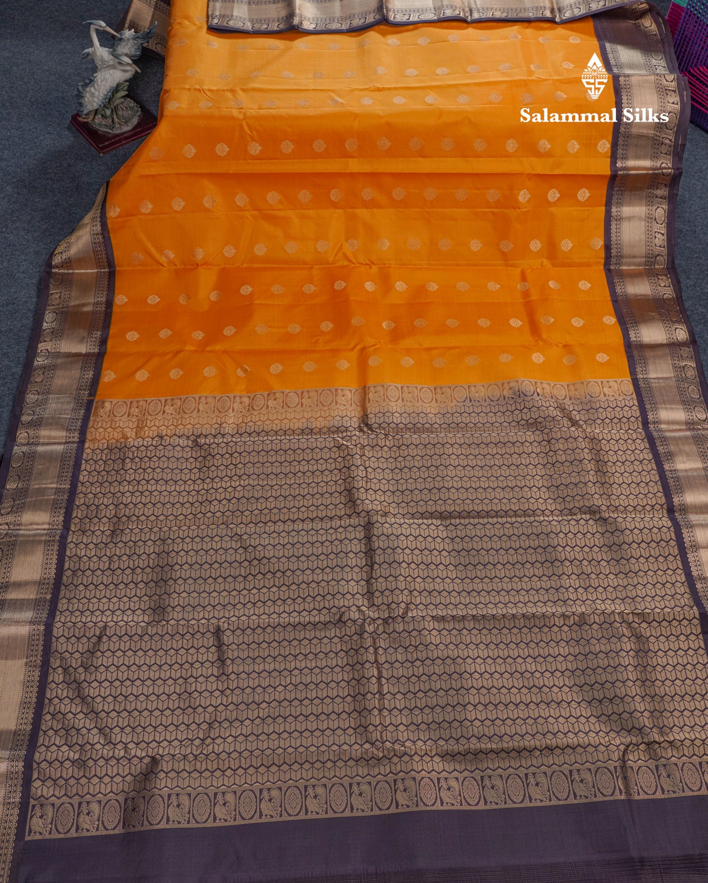 Mustard Yellow Pure Kanjivaram Silk Saree With Contrast Dark Brown Border