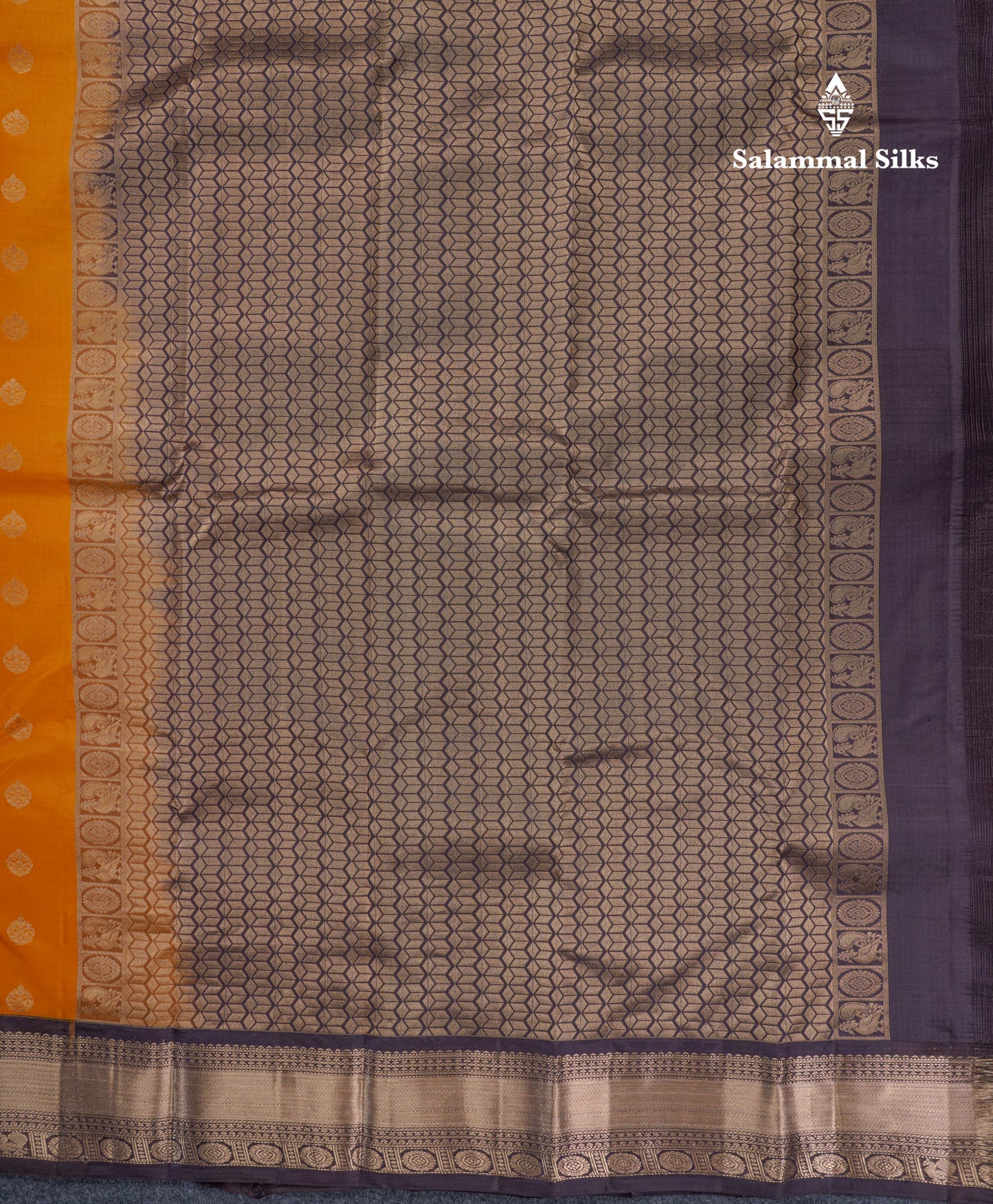 Mustard Yellow Pure Kanjivaram Silk Saree With Contrast Dark Brown Border